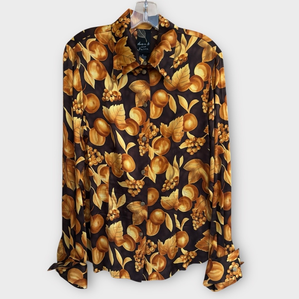 Vintage Dana B. and Karen Brown Gold Autumn Leaves Silk Blouse Women’s Size 6